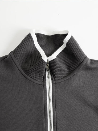 Retro Sporty Webbing Grey-white Half-zip Sweatshirt And Wide-leg Pants Set