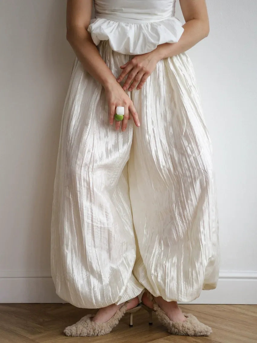 High-Waisted Bubble Hem Maxi Skirt in Pearl White | Airy Tencel Silk-Touch Skirt