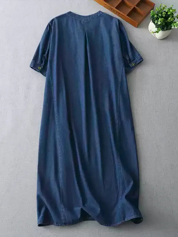 Vintage Washed Denim Shift Dress for Women - Soft Half Sleeve Tunic Dress with Pockets