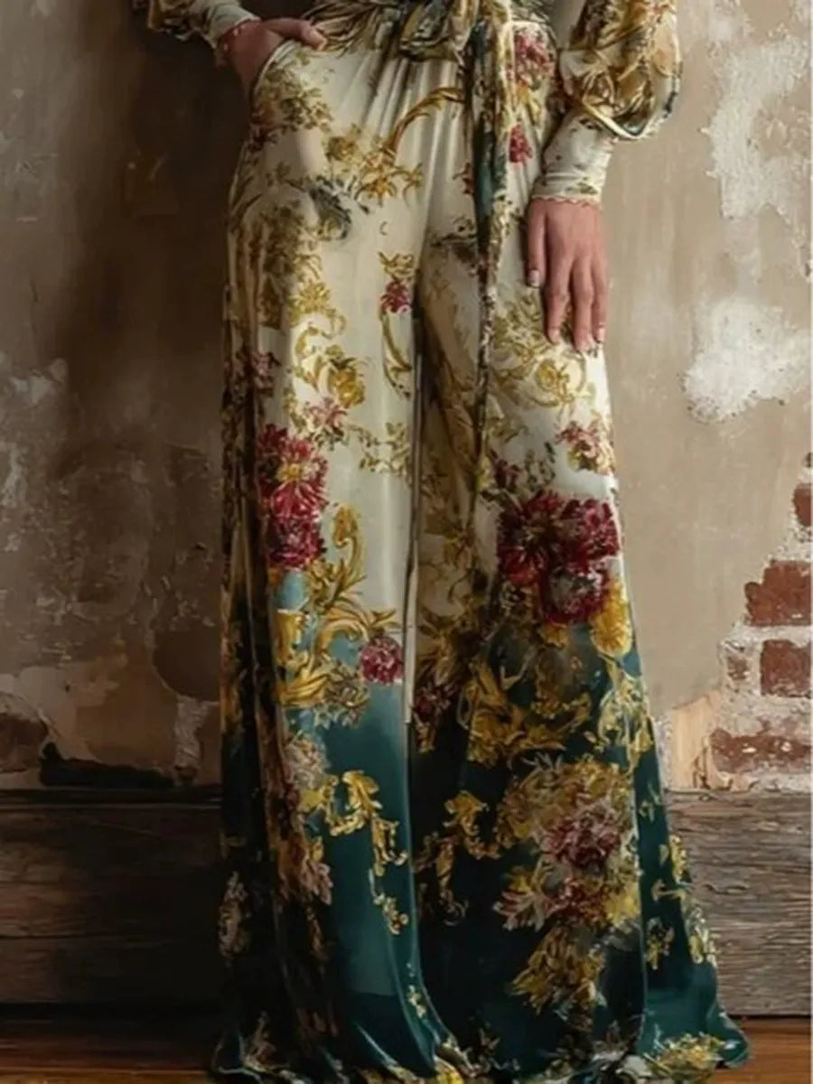 Boho Luxury High-Waist Belted Jumpsuit with Long Lantern Sleeves