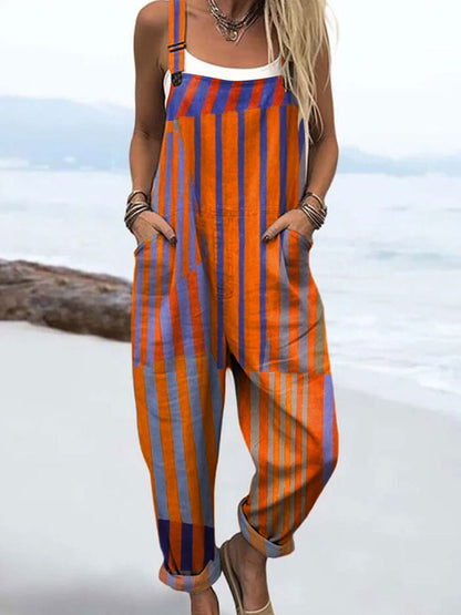 Women's Vintage Colorblock Striped Art Print Casual Cotton And Linen 3/4 Sleeve Shirt