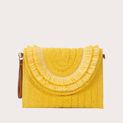 Bohemian Straw Envelope Clutch Bag - Vintage Woven Crossbody Purse with Tassels & Pom Poms for Women