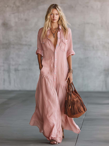 Robe longue décontractée rose en coton et lin, style rétro western, col en V, boutonnée sur le devant, manches courtes