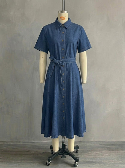Vintage French Style Denim Midi Dress for Women - Elegant Tie Waist Jean Dress with Pockets
