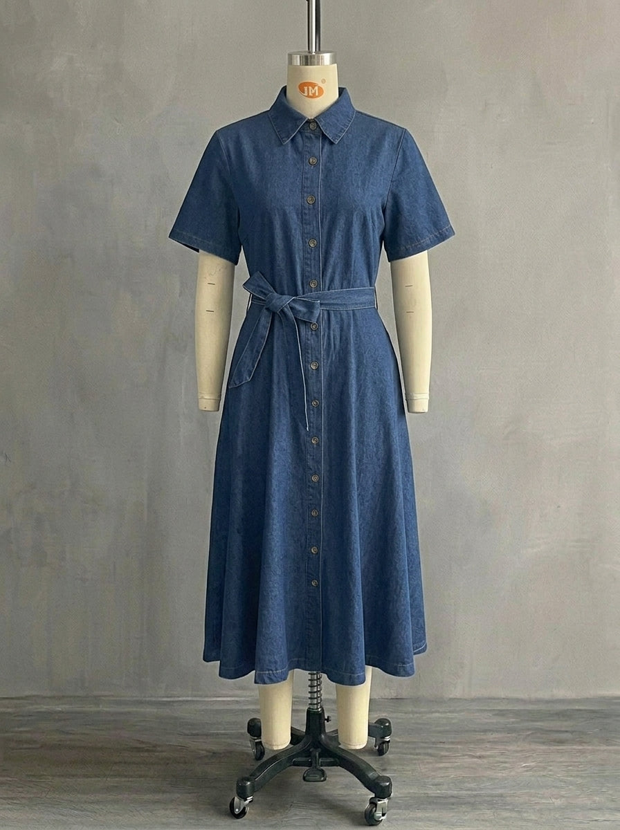 Vintage French Style Denim Midi Dress for Women - Elegant Tie Waist Jean Dress with Pockets