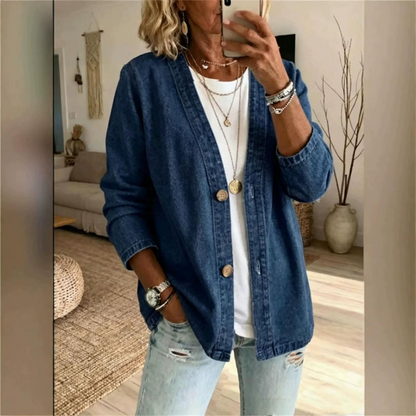 Women's Loose Casual V-Neck Denim Cardigan Jacket | Plus Size Long Sleeve Washed Blue Jean Coat Outwear