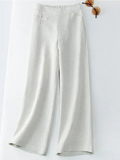 Women's Solid Color Button Half Elastic High Waist Casual Cotton and Linen Wide Leg Pants