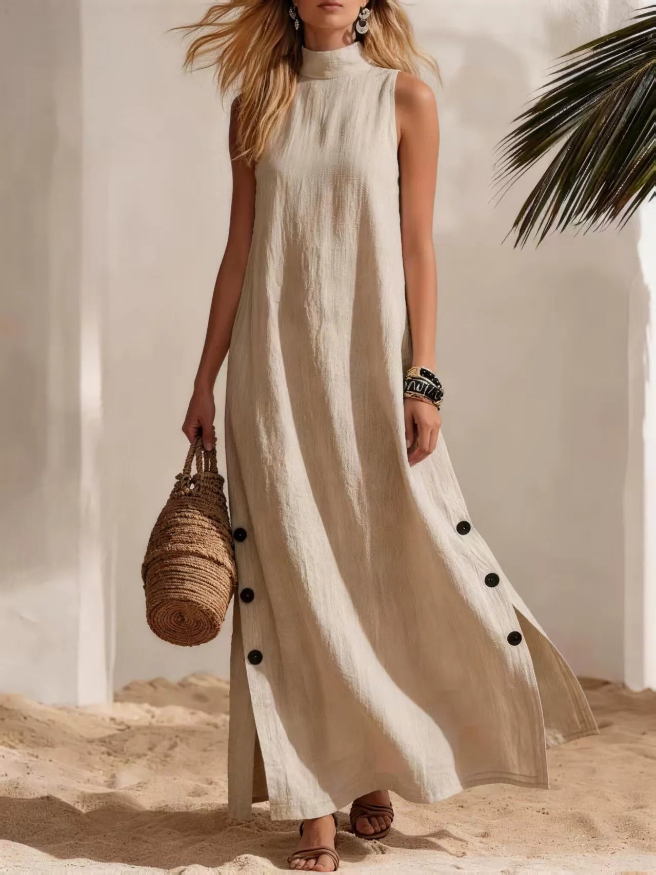 Sleeveless Mock Neck Summer Maxi | Breathable White Linen-Blend Dress with Side Slit