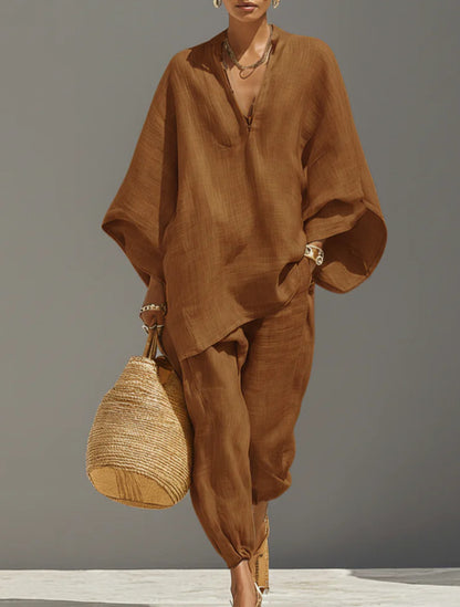 Women's Linen Two Piece Outfits – Loose Oversized V-Neck Tunic Top and Jogger Pants Set, Summer Vacation Boho Co-ord Set