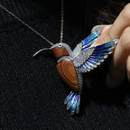 Vintage design enamel-painted natural wood hummingbird brooch pendant