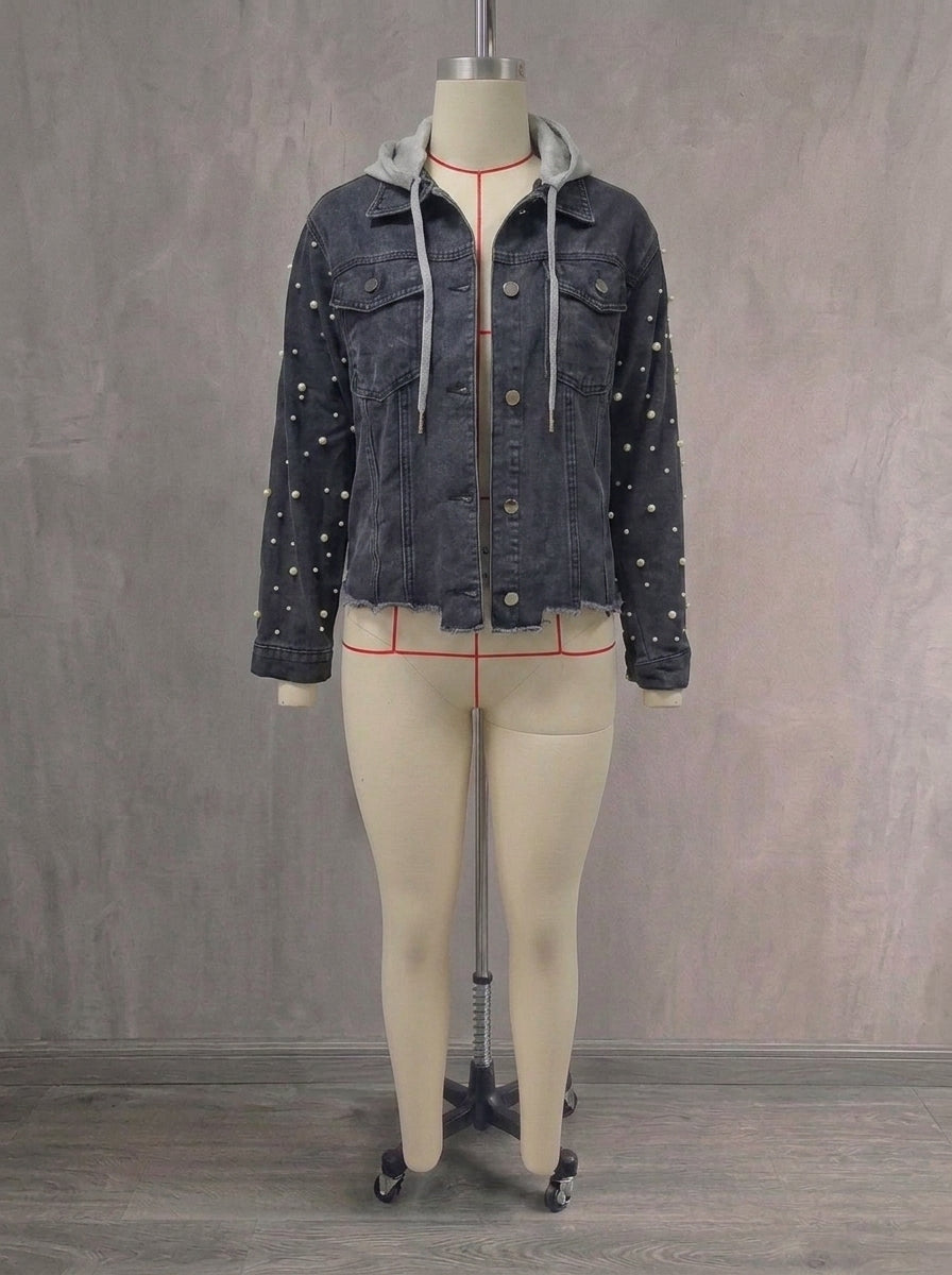 Vintage Pearl Embellished Denim Jacket for Women - Drop Shoulder Button-Down Outerwear