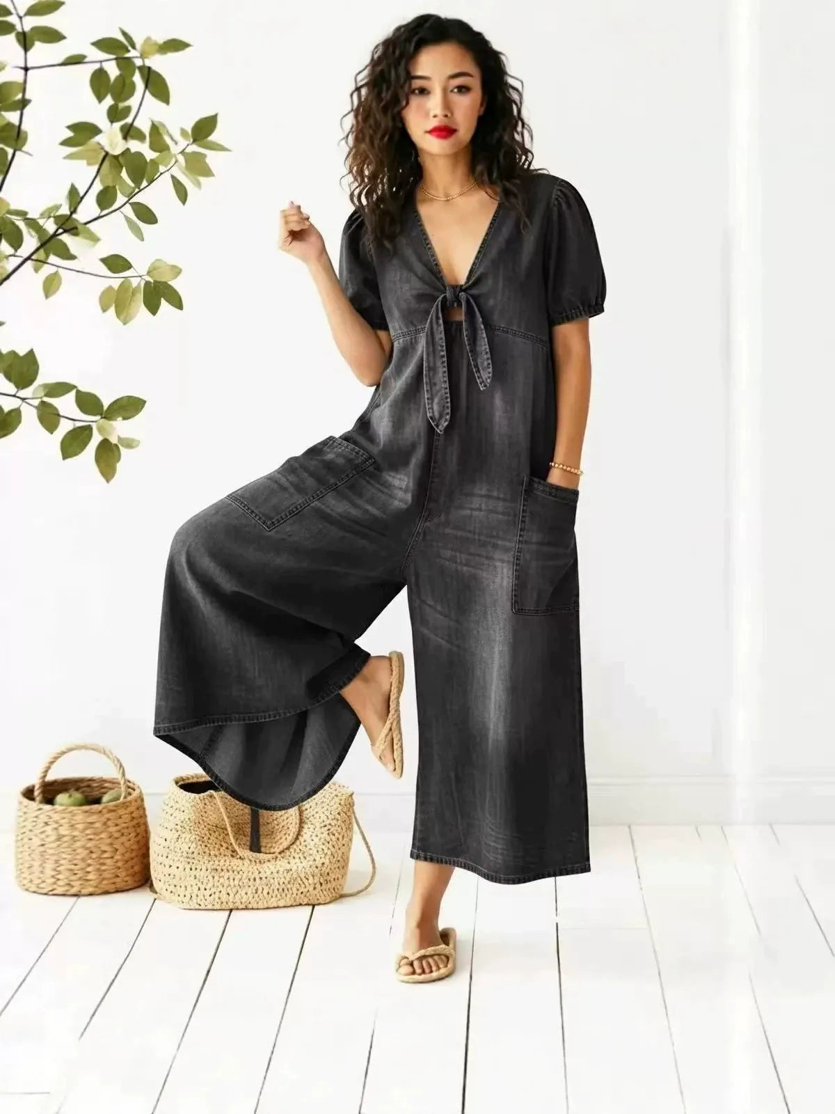Women's Short Sleeve Denim Jumpsuit | Casual Deep V-Neck Tie Front Wide Leg Romper