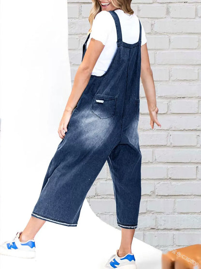 Vintage Washed Denim Bib Overalls for Women - Flattering Relaxed Fit Harem One-Piece