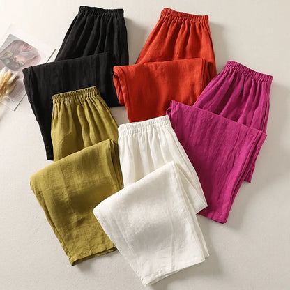 High-Waisted Smocked Elastic Waist Pants | Breathable Linen-Blend Lantern Trousers
