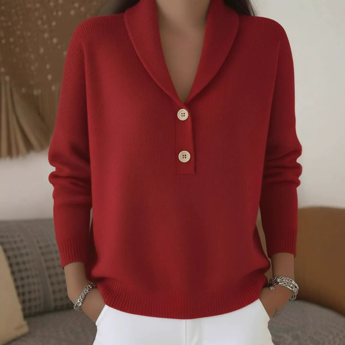 Chic Ribbed Neckline Pullover Sweater for Women - Retro Slouchy Loose Fit Jumper