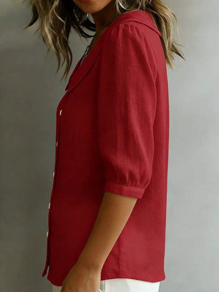 Casual Half-Sleeve Button-Down Shirt | Breathable Red Linen-Blend Blouse
