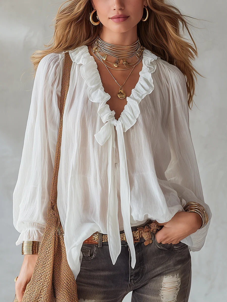 Loose Fit Smocked Peasant Top - Lightweight Long Sleeve Vacation Shirt