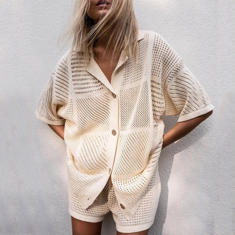 Boho Chic Knit Matching Set for Women – Oversized Hollow Out Beach Tunic & Knit Shorts, Retro Crochet Summer 2 Piece Outfit