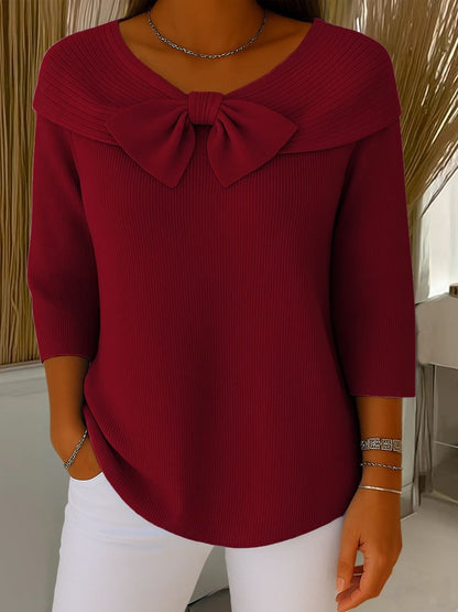 Women's Large Bow Off-the-Shoulder Knit Sweater | Casual Long Sleeve Ribbed Jumper Top