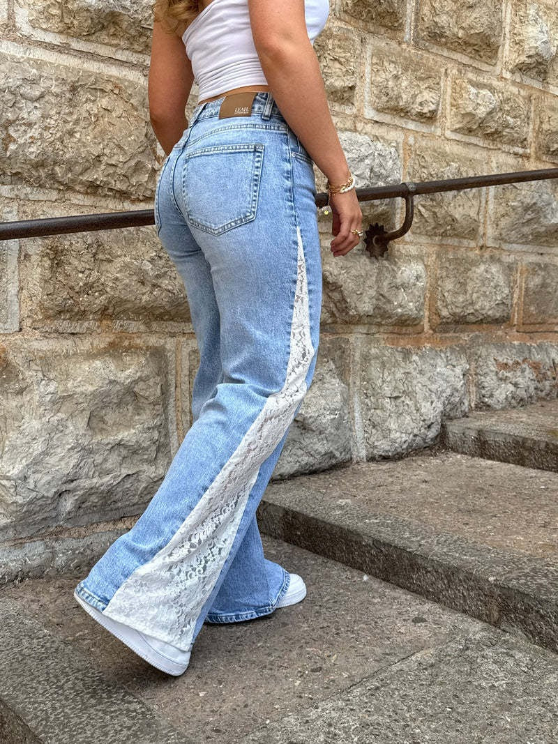 Lace-Inlaid High-Waist Flare Jeans