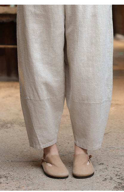 PromiseGift Retro Relaxed Fit Tapered Trousers | Sustainable Ramie Cotton Lantern Pants