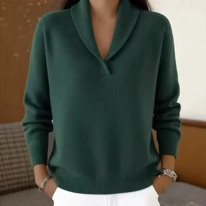 Women's Shawl Collar V-Neck Knit Sweater | Casual Solid Color Long Sleeve Pullover Top