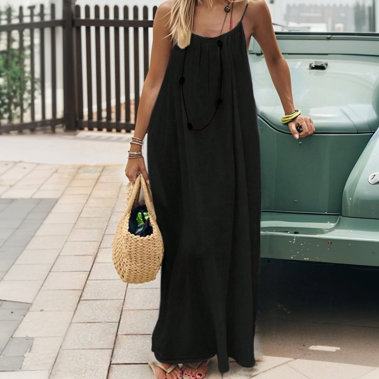 Women's Backless Spaghetti Strap Maxi Dress – Loose Fit Flowy Summer Beach Vacation Sundress, Casual Long Cami Dress