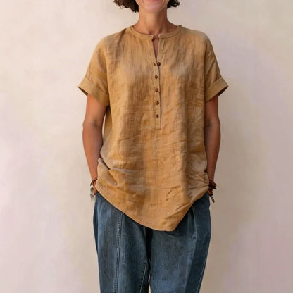Casual Short-Sleeve Popover Shirt | Breathable Cotton-Linen Tunic with Cuffed Sleeves