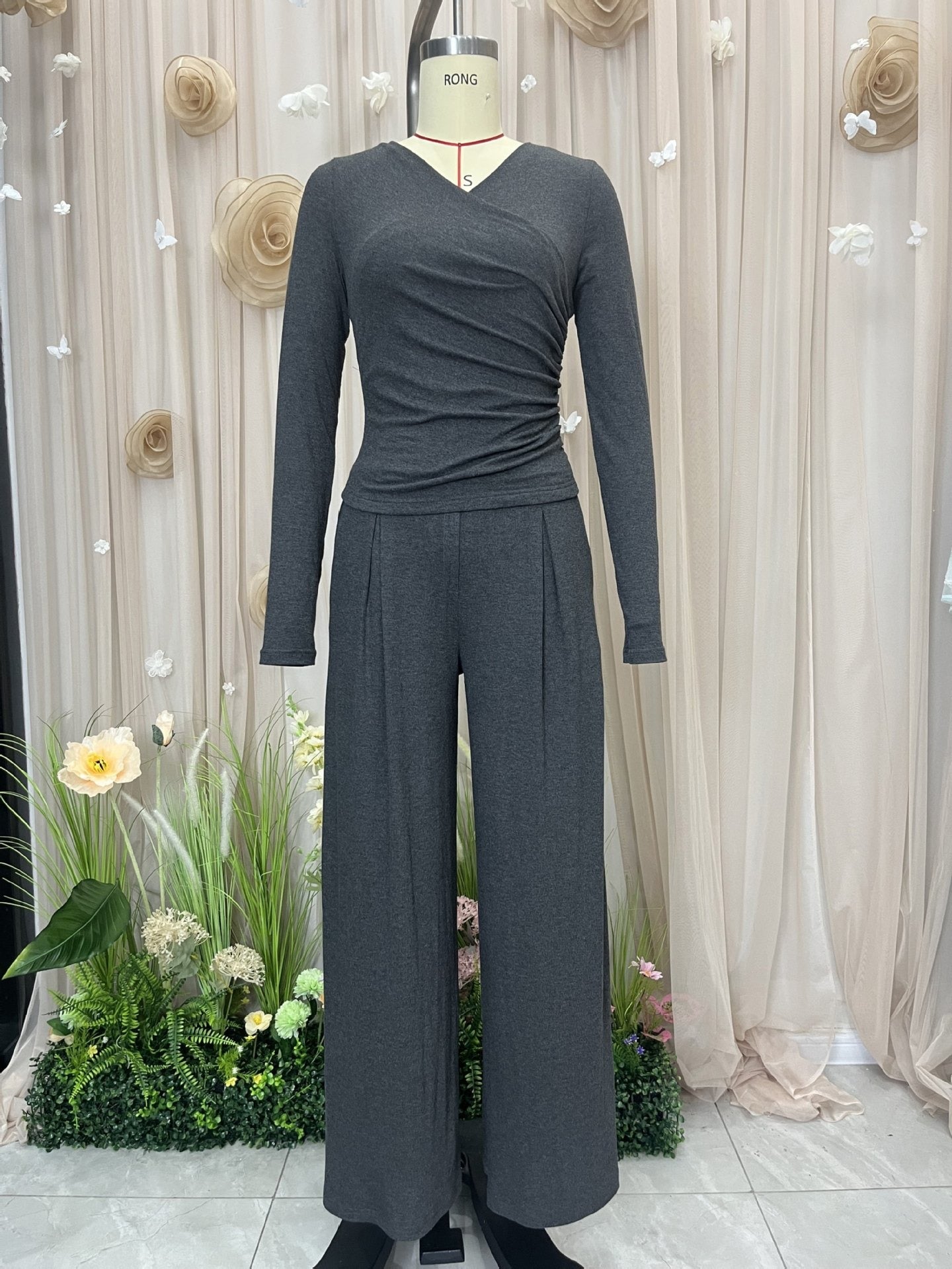 Avant-Garde Asymmetric Knit Set | Ruched Off-Shoulder Top & Pleated Wide-Leg Pants sets
