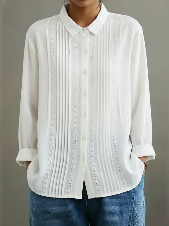 Vintage Pleated Lace Trim Cotton Linen Long Sleeve Blouse