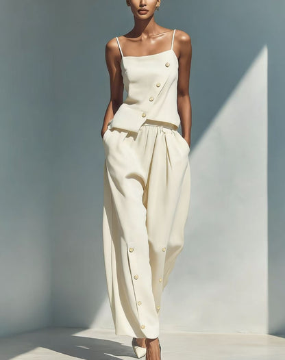 Chic Asymmetric Camisole & Button-Detailed Wide Leg Pants 2-Piece Linen Blend Lounge Set