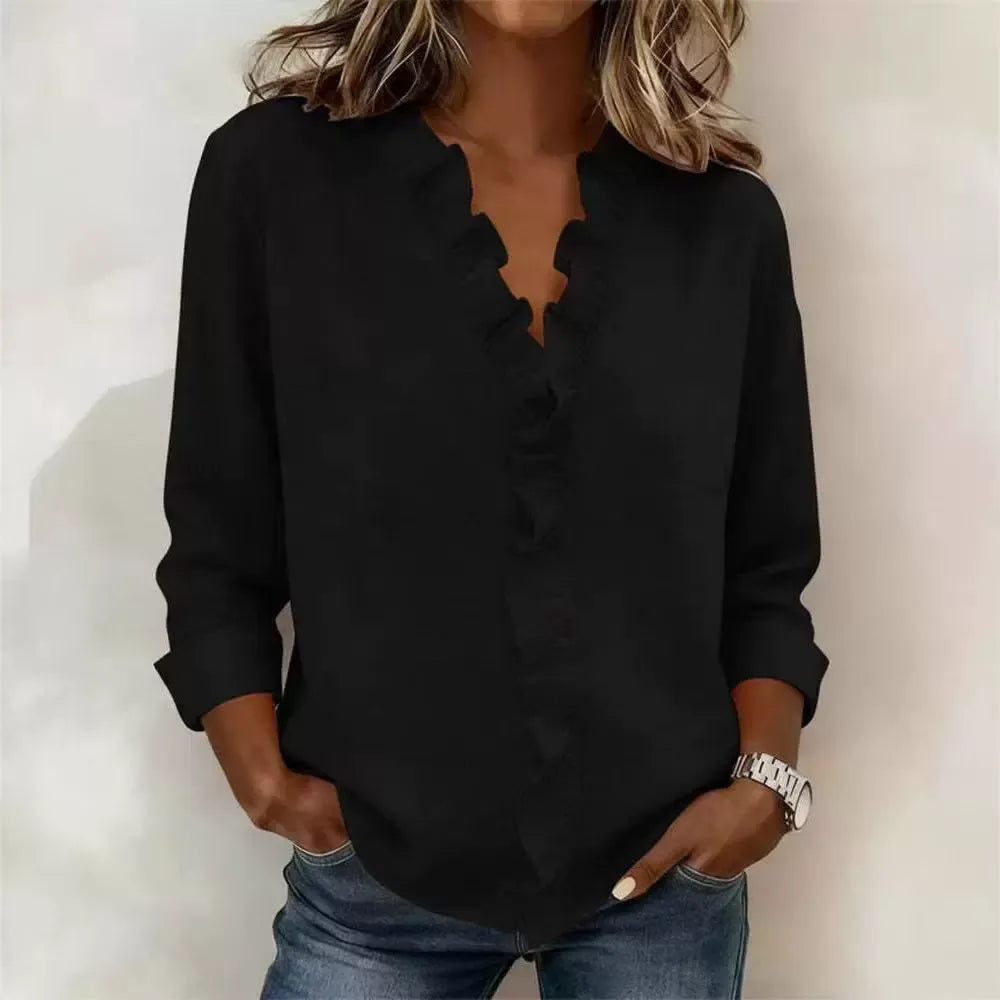 Cascading Ruffle Front Long Sleeve Shirt | Breathable Slub Cotton-Linen Blouse