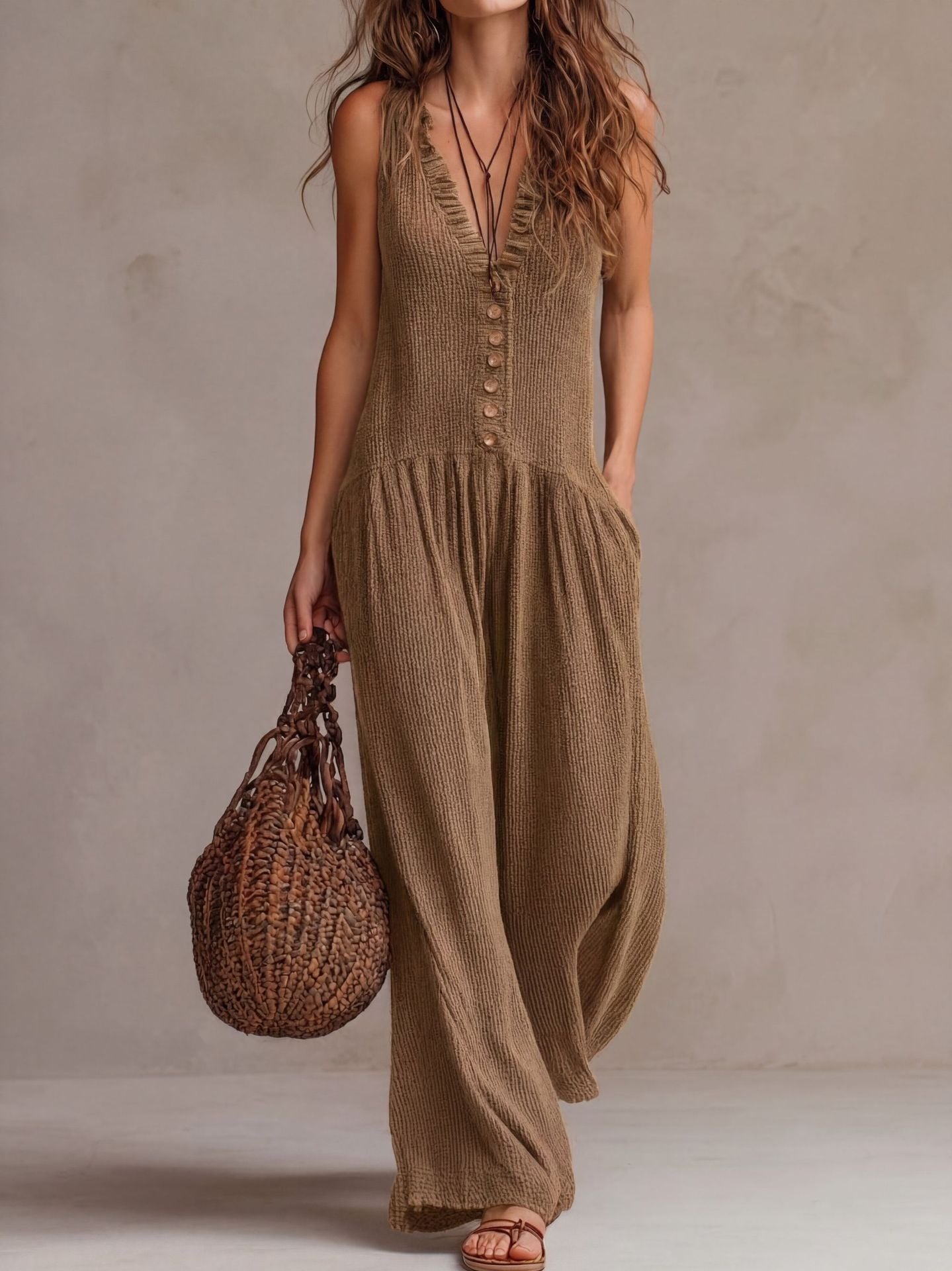 Sleeveless Button-Down Harem Jumpsuit | Earthy Brown Textured Summer One-Piece