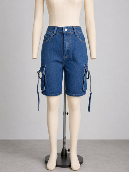 Women’s Washed Cargo Denim Bermuda Shorts Mid Waist Utility Pocket Streetwear Jean Shorts