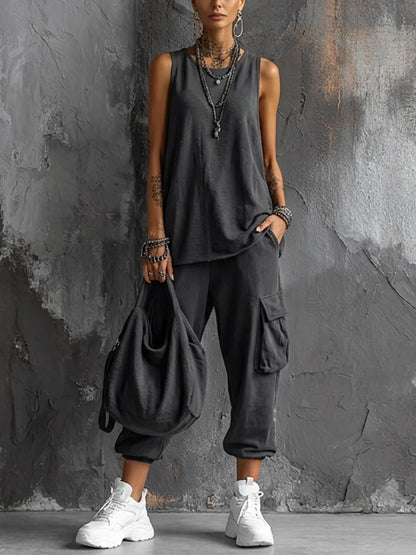 Women's Casual 2-Piece Lounge Set | Sleeveless Knit Tank Top & Cargo Capri Pants Suit