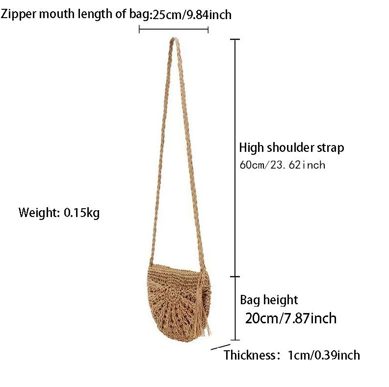 Bohemian Crochet Half-Moon Crossbody Bag - Vintage Woven Mesh Straw & Yarn Beach Purse with Tassels