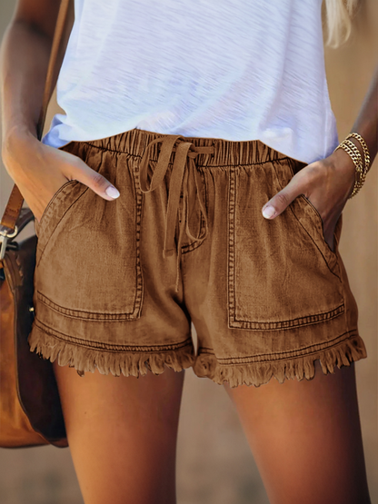 Women's Elastic Waist Denim Shorts with Drawstring | High Waisted Frayed Hem Leopard Print Jean Shorts