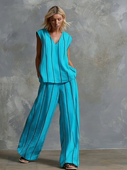 Women's Vertical Striped Linen 2-Piece Set | Casual V-Neck Sleeveless Top & Wide Leg Pants Suit