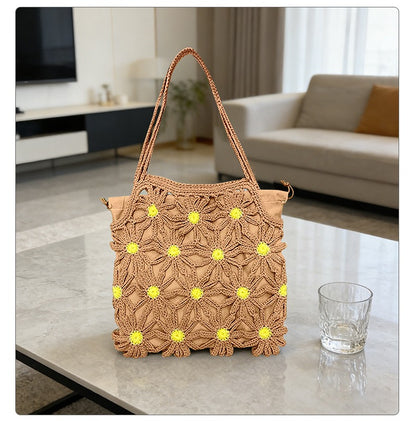 Bohemian Daisy Crochet Tote Bag - Handmade Hollow-Out Floral Knit Beach Shoulder Purse with Inner Pouch