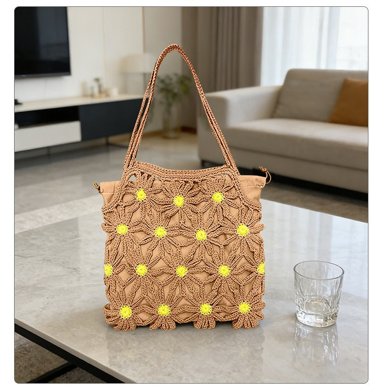 Bohemian Daisy Crochet Tote Bag - Handmade Hollow-Out Floral Knit Beach Shoulder Purse with Inner Pouch