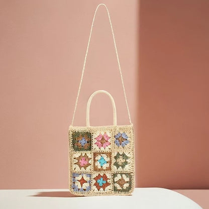 Bohemian Granny Square Crochet Tote Bag - Handmade Recycled Paper Straw Shoulder Purse & Crossbody Bag