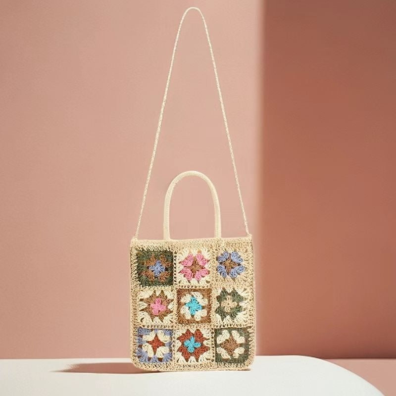 Bohemian Granny Square Crochet Tote Bag - Handmade Recycled Paper Straw Shoulder Purse & Crossbody Bag