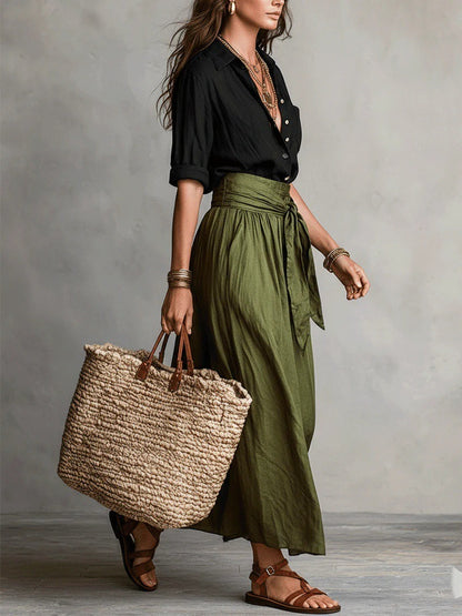 Elegant Colorblock 2-Piece Resort Set - Button-Down Shirt & High-Waist Tie-Wrap Maxi Skirt Set