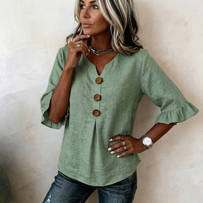Casual 3/4 Sleeve Cotton Linen Shirt | Boho V-Neck Tunic with Wood Buttons