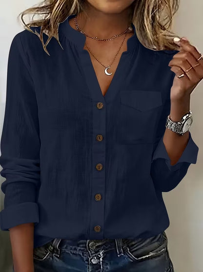 Intellectual Slub Tunic Shirt - White Mandarin V-Neck Blouse