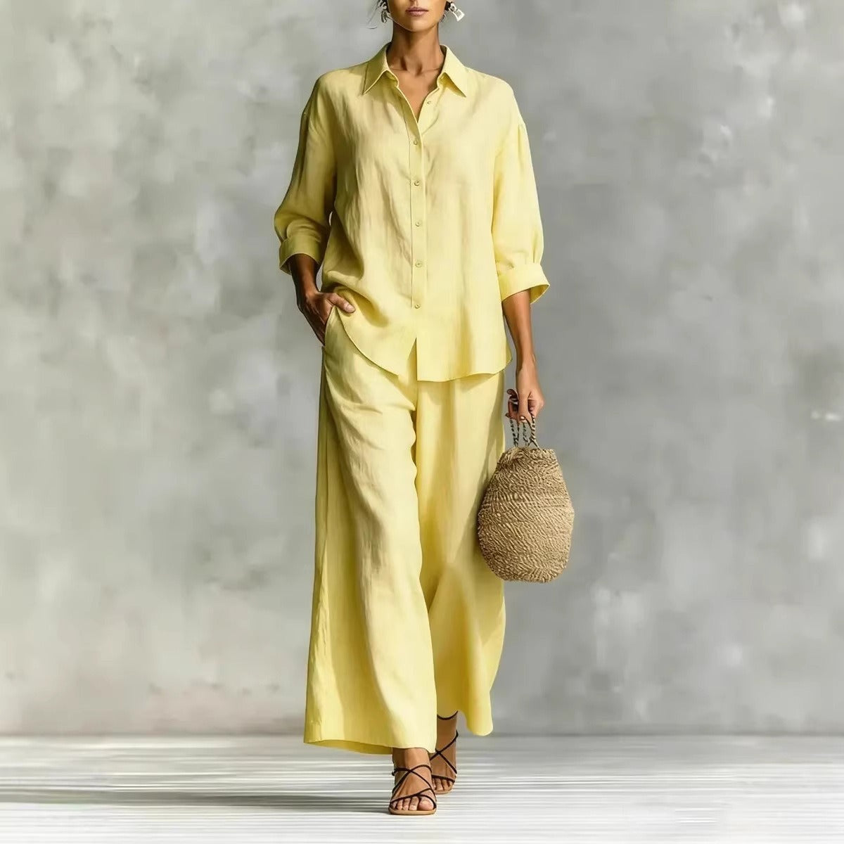 Women's Linen-Look 2-Piece Lounge Set | Casual Long Sleeve Button Shirt & Wide Leg Pants Suit