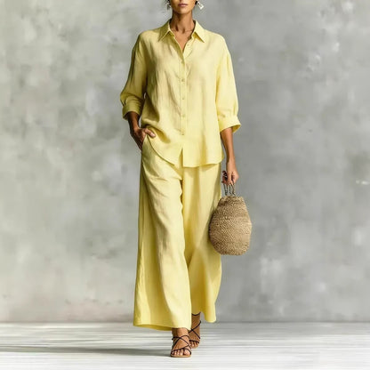 Women's Linen-Look 2-Piece Lounge Set | Casual Long Sleeve Button Shirt & Wide Leg Pants Suit
