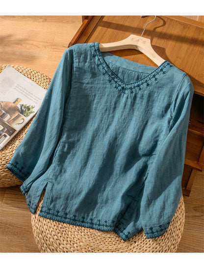 Women's Casual Cotton and Linen Embroidered Shirt