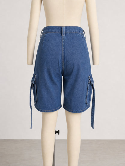 Women’s Washed Cargo Denim Bermuda Shorts Mid Waist Utility Pocket Streetwear Jean Shorts
