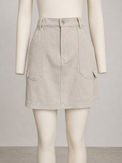 Women’s Washed Denim Cargo Mini Skirt Elastic Waist Utility Pocket Streetwear Short Skirt